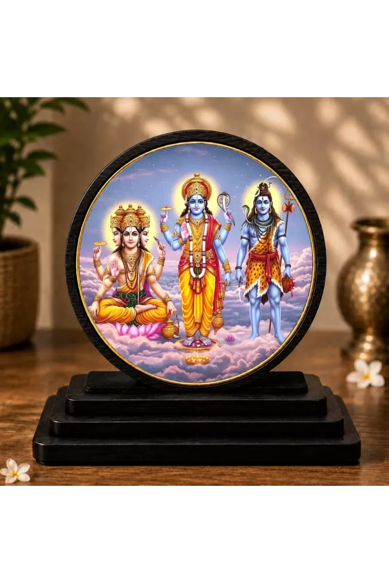 Premium Wooden Lord Brahma, Vishnu, Shiva Showpiece For Car Dashboard & Office Table | 4 X 4.5 Inch Sublimation Printed Decorative Stand | 4 Mm MDF | Home Decor | Made In India (F33610)