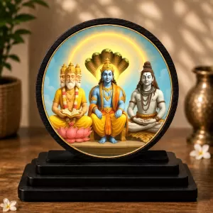 Premium Wooden Lord Brahma, Vishnu, Mahesh Showpiece For Car Dashboard & Office Table | 4 X 4.5 Inch Sublimation Printed Decorative Stand | 4 Mm MDF | Home Decor | Made In India (F33611) Premium Wooden Lord Brahma, Vishnu, Mahesh Showpiece For Car Dashboard & Office Table | 4 X 4.5 Inch Sublimation Printed Decorative Stand | 4 Mm MDF | Home Decor | Made In India (F33611)