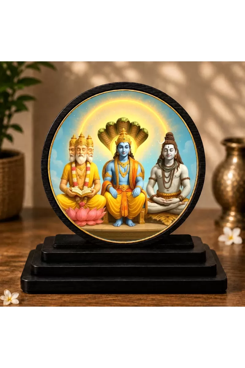 Premium Wooden Lord Brahma, Vishnu, Mahesh Showpiece For Car Dashboard & Office Table | 4 X 4.5 Inch Sublimation Printed Decorative Stand | 4 Mm MDF | Home Decor | Made In India (F33611)