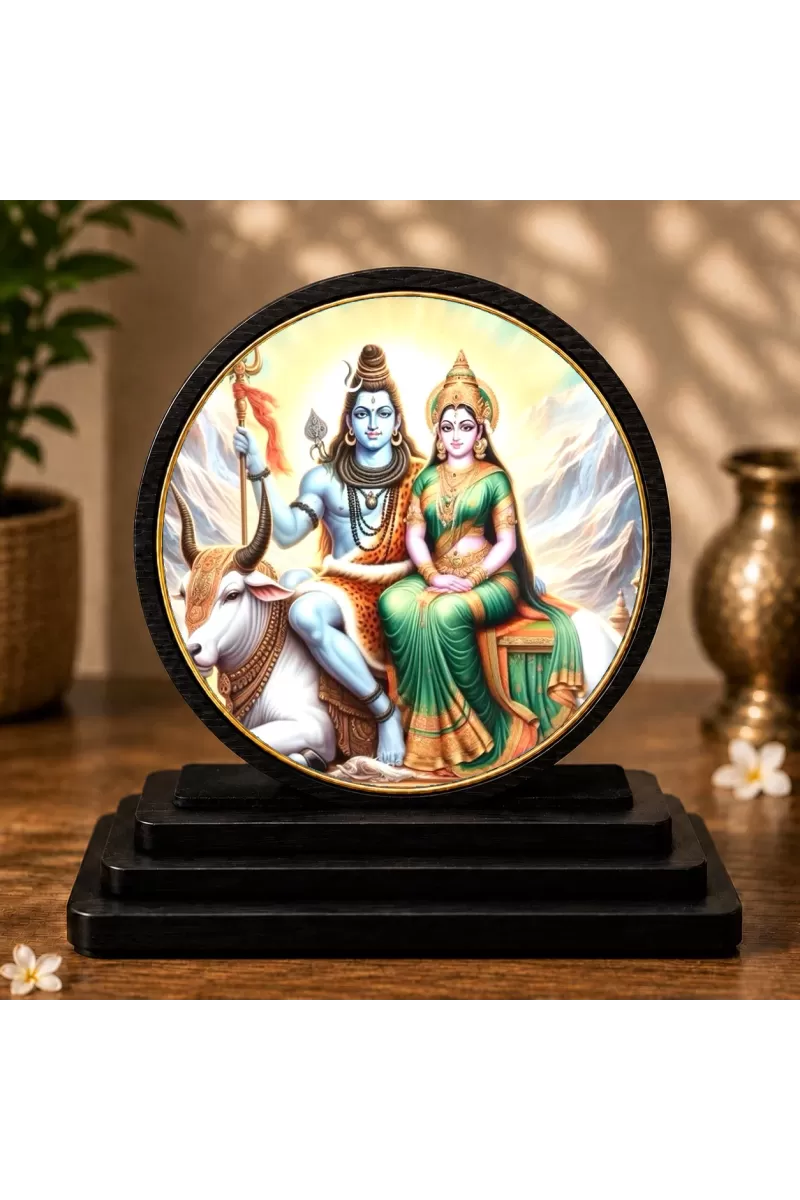 Premium Wooden Lord Shiva And Goddess Parvati Showpiece For Car Dashboard & Office Table | 4 X 4.5 Inch Sublimation Printed Decorative Stand | 4 Mm MDF | Home Decor | Made In India (F33615)