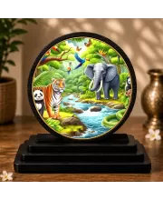 Premium Wooden Vibrant Jungle Scene Showpiece For Car Dashboard & Office Table | 4 X 4.5 Inch Sublimation Printed Decorative Stand | 4 Mm MDF | Home Decor | Made In India (F33616)