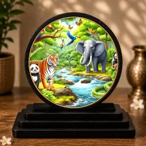 Premium Wooden Vibrant Jungle Scene Showpiece For Car Dashboard & Office Table | 4 X 4.5 Inch Sublimation Printed Decorative Stand | 4 Mm MDF | Home Decor | Made In India (F33616)