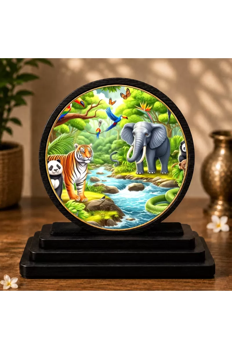 Premium Wooden Vibrant Jungle Scene Showpiece For Car Dashboard & Office Table | 4 X 4.5 Inch Sublimation Printed Decorative Stand | 4 Mm MDF | Home Decor | Made In India (F33616)