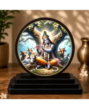 Premium Wooden Lord Krishna Showpiece For Car Dashboard & Office Table | 4 X 4.5 Inch Sublimation Printed Decorative Stand | 4 Mm MDF | Home Decor | Made In India (F33618)