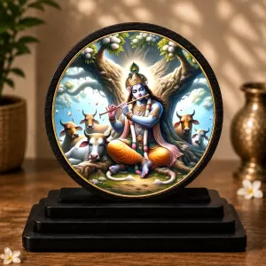 Premium Wooden Lord Krishna Showpiece For Car Dashboard & Office Table | 4 X 4.5 Inch Sublimation Printed Decorative Stand | 4 Mm MDF | Home Decor | Made In India (F33618)