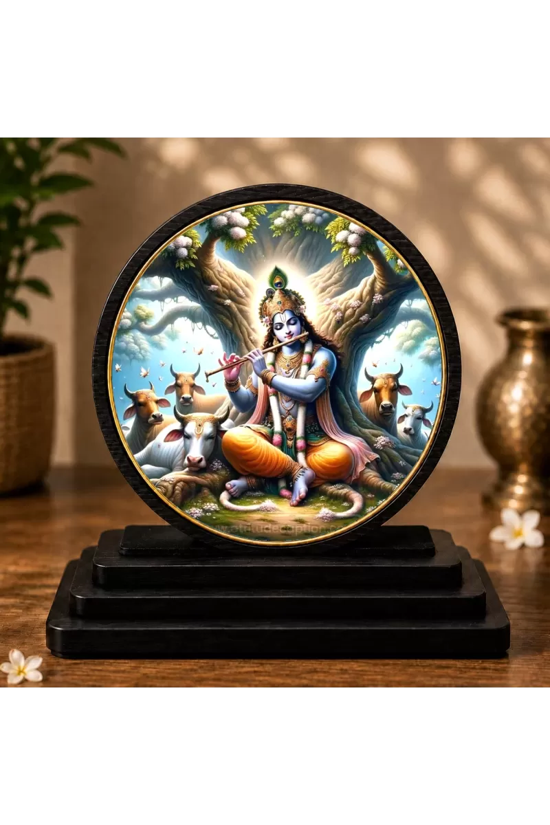 Premium Wooden Lord Krishna Showpiece For Car Dashboard & Office Table | 4 X 4.5 Inch Sublimation Printed Decorative Stand | 4 Mm MDF | Home Decor | Made In India (F33618)