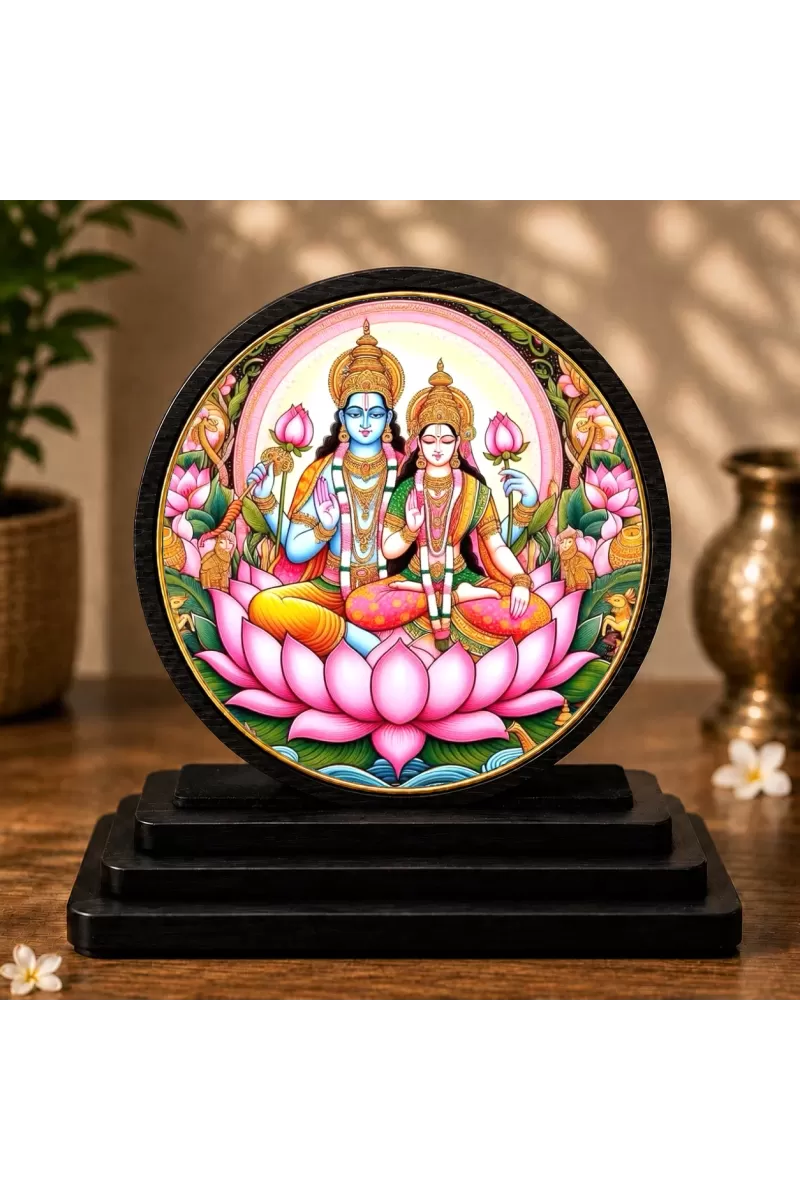 Premium Wooden Lakshmi Narayana Showpiece For Car Dashboard & Office Table | 4 X 4.5 Inch Sublimation Printed Decorative Stand | 4 Mm MDF | Home Decor | Made In India (F33619)