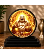 Premium Wooden  Laughing Buddha Showpiece For Car Dashboard & Office Table | 4 X 4.5 Inch Sublimation Printed Decorative Stand | 4 Mm MDF | Home Decor | Made In India (F33620)