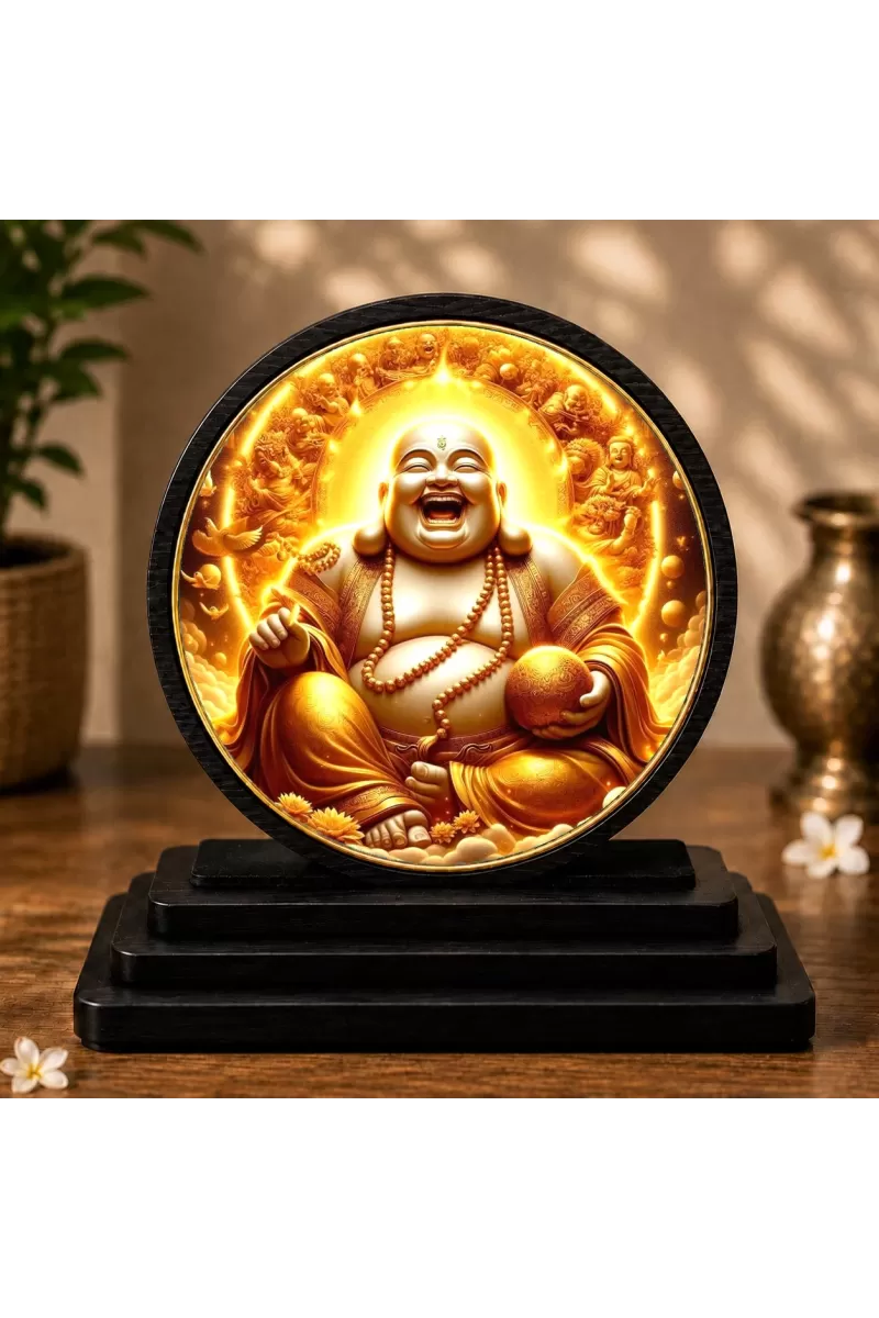 Premium Wooden  Laughing Buddha Showpiece For Car Dashboard & Office Table | 4 X 4.5 Inch Sublimation Printed Decorative Stand | 4 Mm MDF | Home Decor | Made In India (F33620)