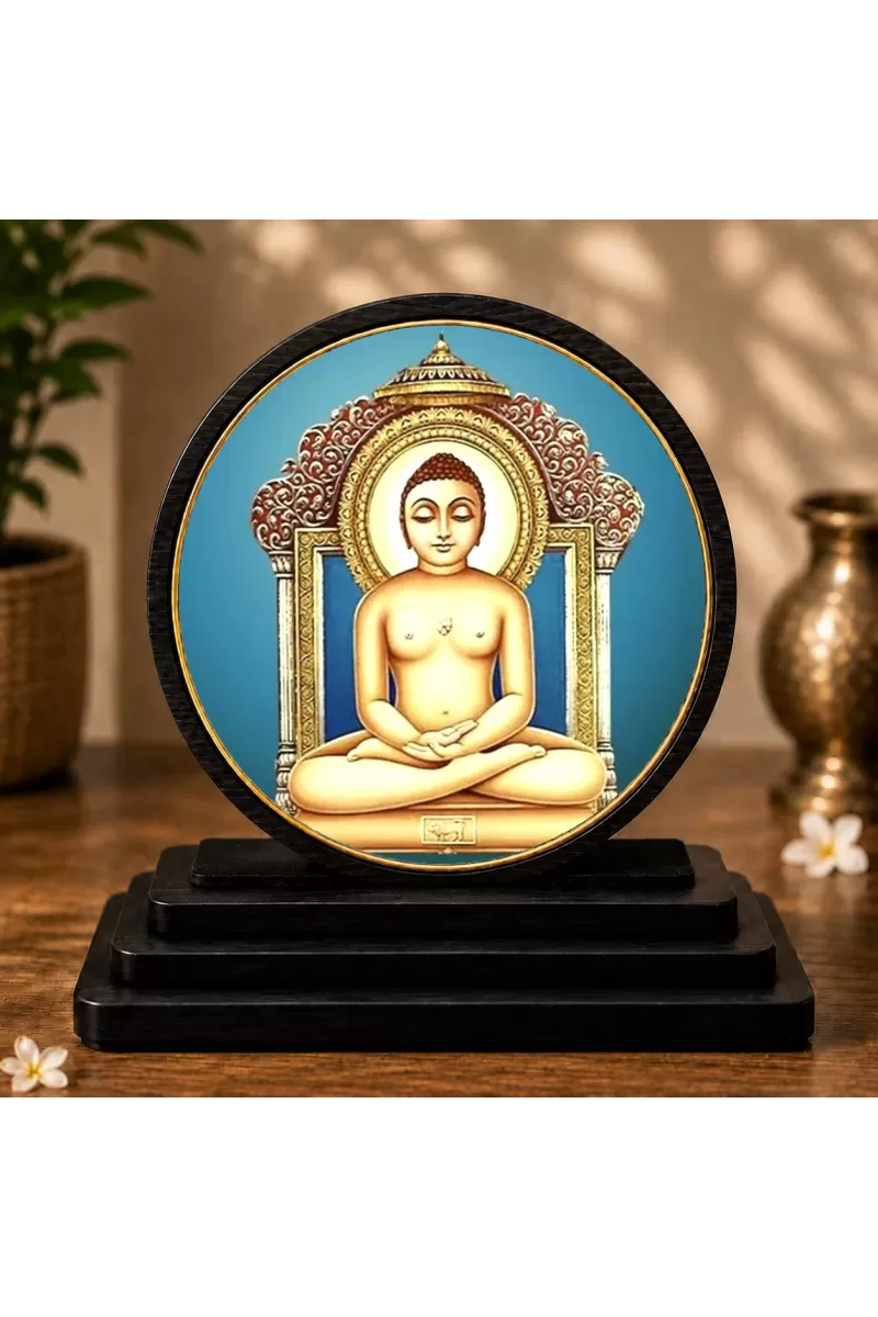 Premium Wooden  Lord Mahavir Swami Jain Showpiece For Car Dashboard & Office Table | 4 X 4.5 Inch Sublimation Printed Decorative Stand | 4 Mm MDF | Home Decor | Made In India (F33622)