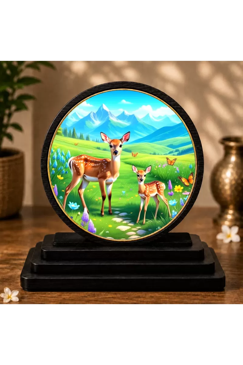 Premium Wooden  Deer In Forest  Showpiece For Car Dashboard & Office Table | 4 X 4.5 Inch Sublimation Printed Decorative Stand | 4 Mm MDF | Home Decor | Made In India (F33623)
