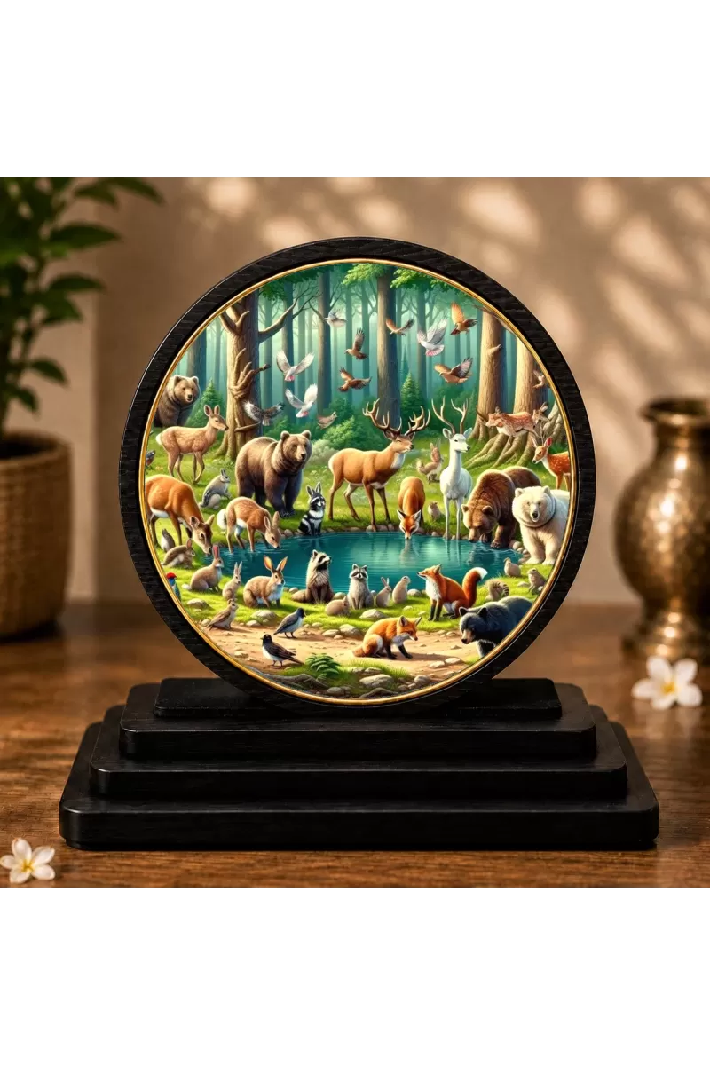 Premium Wooden Nature With Animals Showpiece For Car Dashboard & Office Table | 4 X 4.5 Inch Sublimation Printed Decorative Stand | 4 Mm MDF | Home Decor | Made In India (F33624)