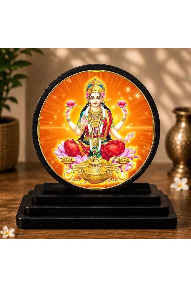 Premium Wooden  Goddess Laxmi Showpiece For Car Dashboard & Office Table | 4 X 4.5 Inch Sublimation Printed Decorative Stand | 4 Mm MDF | Home Decor | Made In India (F33625)