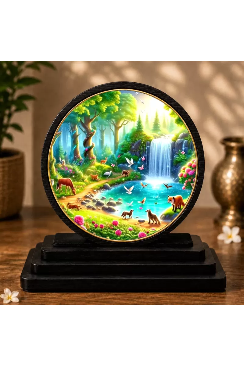 Premium Wooden Forest Landscape Showpiece For Car Dashboard & Office Table | 4 X 4.5 Inch Sublimation Printed Decorative Stand | 4 Mm MDF | Home Decor | Made In India (F33626)
