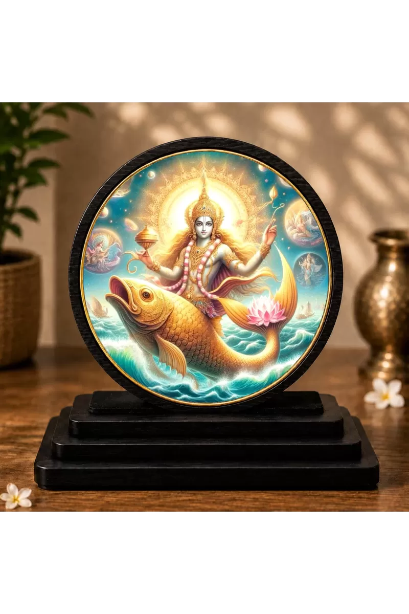 Premium Wooden Matsya Avatar  Showpiece For Car Dashboard & Office Table | 4 X 4.5 Inch Sublimation Printed Decorative Stand | 4 Mm MDF | Home Decor | Made In India (F33632)