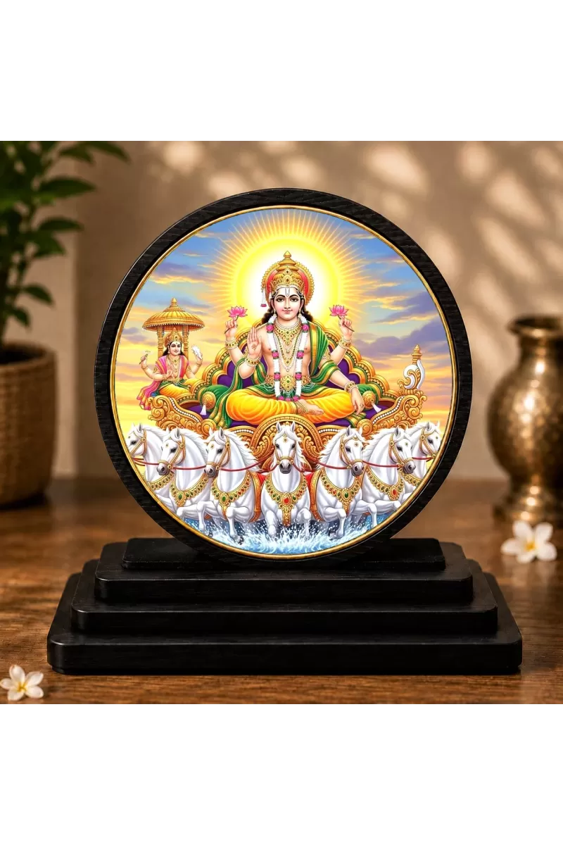 Premium Wooden Lord Surya Dev Showpiece For Car Dashboard & Office Table | 4 X 4.5 Inch Sublimation Printed Decorative Stand | 4 Mm MDF | Home Decor | Made In India (F33633)