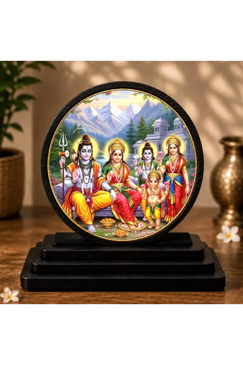Premium Wooden Shiva Parivar  Showpiece For Car Dashboard & Office Table | 4 X 4.5 Inch Sublimation Printed Decorative Stand | 4 Mm MDF | Home Decor | Made In India (F33634)