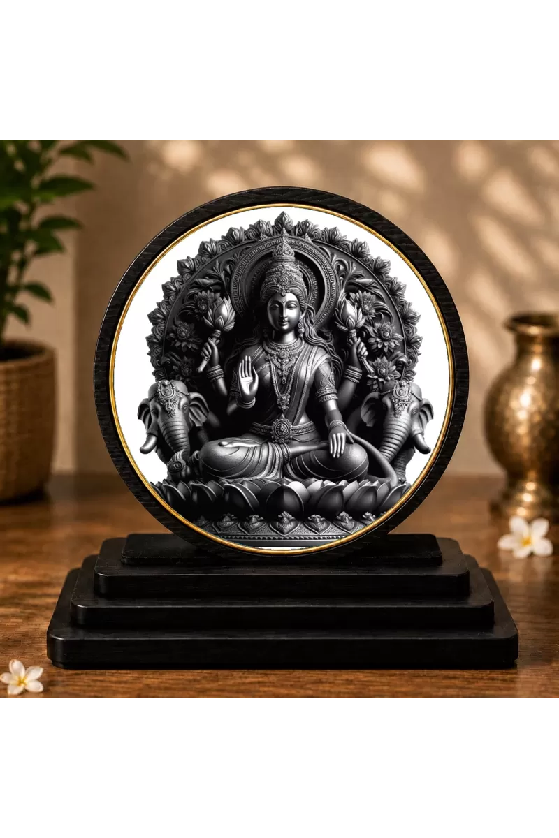 Premium Wooden Goddess Gajalakshmi Showpiece For Car Dashboard & Office Table | 4 X 4.5 Inch Sublimation Printed Decorative Stand | 4 Mm MDF | Home Decor | Made In India (F33635)
