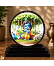 Premium Wooden Bal Krishna Showpiece For Car Dashboard & Office Table | 4 X 4.5 Inch Sublimation Printed Decorative Stand | 4 Mm MDF | Home Decor | Made In India (F33637)