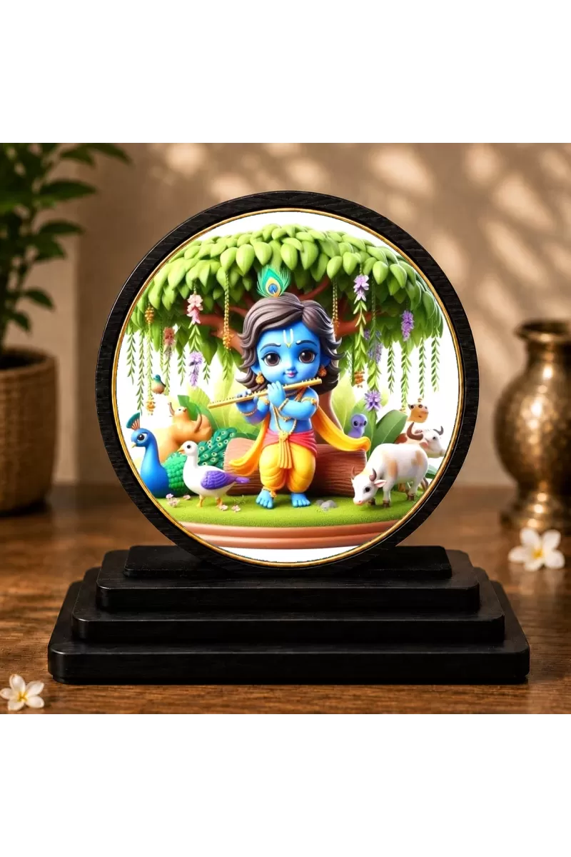 Premium Wooden Bal Krishna Showpiece For Car Dashboard & Office Table | 4 X 4.5 Inch Sublimation Printed Decorative Stand | 4 Mm MDF | Home Decor | Made In India (F33637)