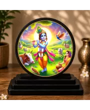Premium Wooden Lord Krishna Showpiece For Car Dashboard & Office Table | 4 X 4.5 Inch Sublimation Printed Decorative Stand | 4 Mm MDF | Home Decor | Made In India (F33638)