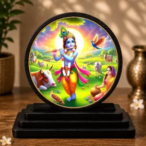 Premium Wooden Lord Krishna Showpiece For Car Dashboard & Office Table | 4 X 4.5 Inch Sublimation Printed Decorative Stand | 4 Mm MDF | Home Decor | Made In India (F33638)