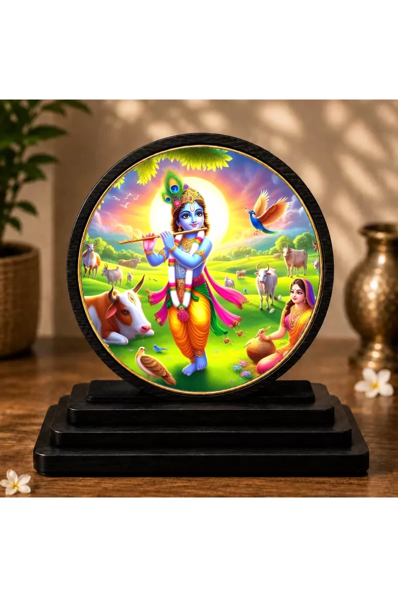 Premium Wooden Lord Krishna Showpiece For Car Dashboard & Office Table | 4 X 4.5 Inch Sublimation Printed Decorative Stand | 4 Mm MDF | Home Decor | Made In India (F33638)