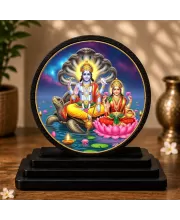 Premium Wooden  Lord Vishnu And Goddess Lakshmi Showpiece For Car Dashboard & Office Table | 4 X 4.5 Inch Sublimation Printed Decorative Stand | 4 Mm MDF | Home Decor | Made In India (F33641)