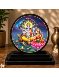 Premium Wooden  Lord Vishnu And Goddess Lakshmi Showpiece For Car Dashboard & Office Table | 4 X 4.5 Inch Sublimation Printed Decorative Stand | 4 Mm MDF | Home Decor | Made In India (F33641)