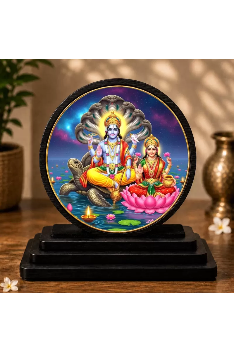 Premium Wooden  Lord Vishnu And Goddess Lakshmi Showpiece For Car Dashboard & Office Table | 4 X 4.5 Inch Sublimation Printed Decorative Stand | 4 Mm MDF | Home Decor | Made In India (F33641)