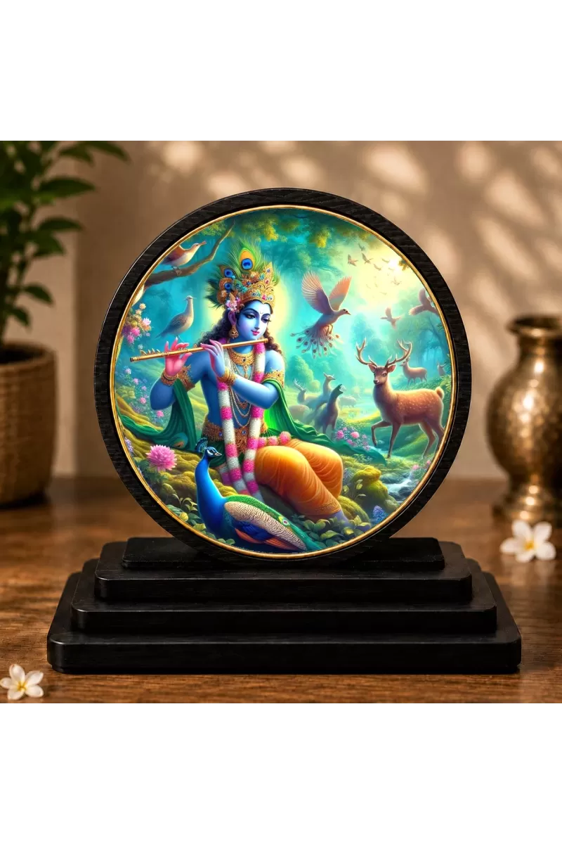 Premium Wooden Lord Krishna Showpiece For Car Dashboard & Office Table | 4 X 4.5 Inch Sublimation Printed Decorative Stand | 4 Mm MDF | Home Decor | Made In India (F33642)