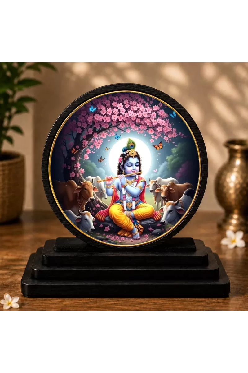 Premium Wooden  Lord Krishna Showpiece For Car Dashboard & Office Table | 4 X 4.5 Inch Sublimation Printed Decorative Stand | 4 Mm MDF | Home Decor | Made In India (F33643)