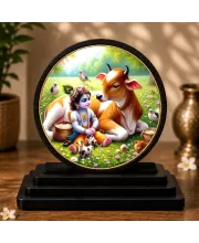 Premium Wooden Little Krishna Showpiece For Car Dashboard & Office Table | 4 X 4.5 Inch Sublimation Printed Decorative Stand | 4 Mm MDF | Home Decor | Made In India (F33645)