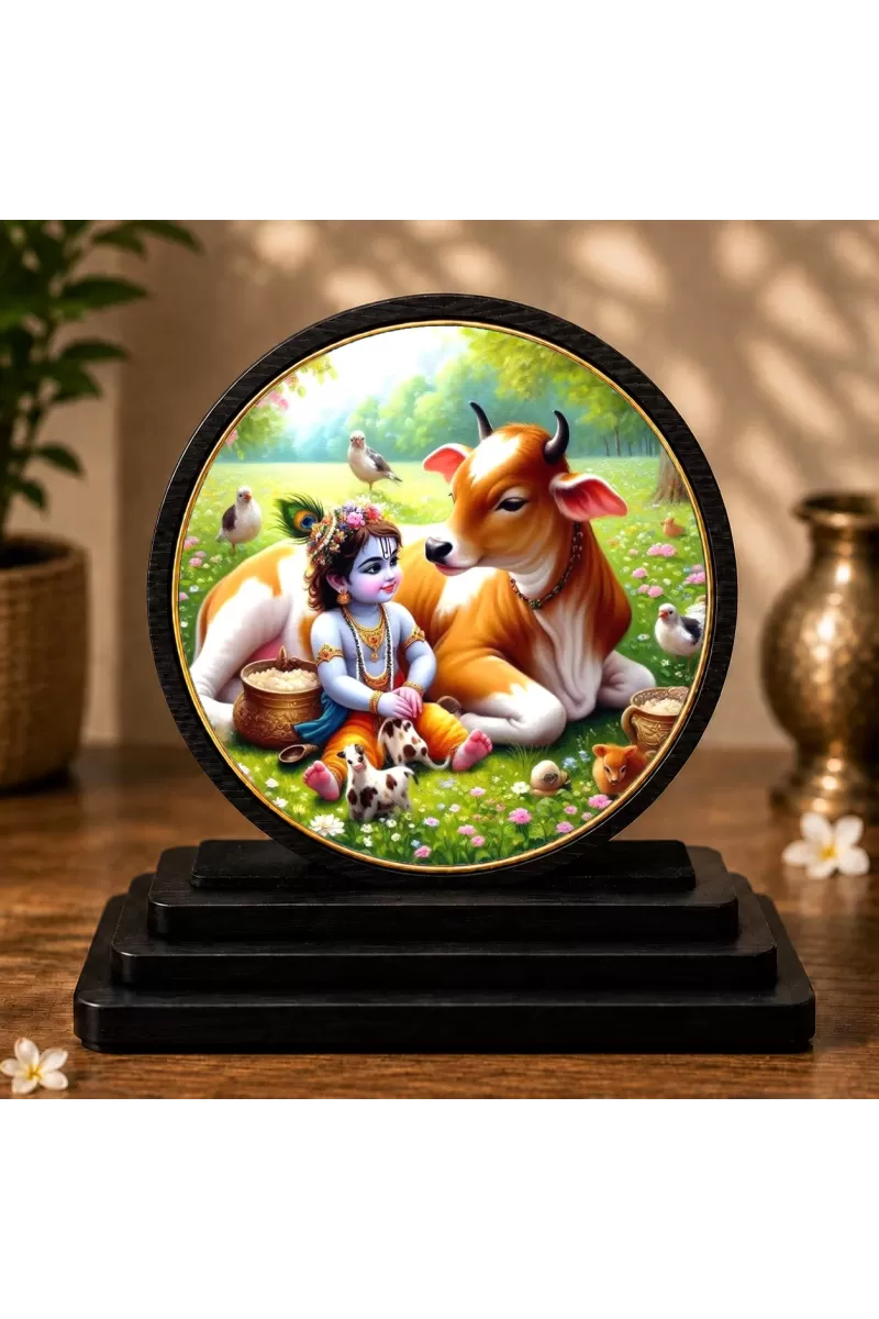 Premium Wooden Little Krishna Showpiece For Car Dashboard & Office Table | 4 X 4.5 Inch Sublimation Printed Decorative Stand | 4 Mm MDF | Home Decor | Made In India (F33645)