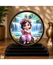 Premium Wooden Little Krishna Showpiece For Car Dashboard & Office Table | 4 X 4.5 Inch Sublimation Printed Decorative Stand | 4 Mm MDF | Home Decor | Made In India (F33646)