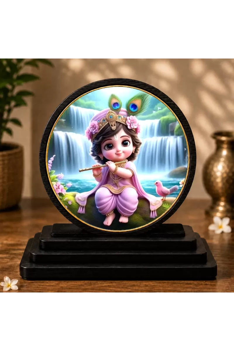 Premium Wooden Little Krishna Showpiece For Car Dashboard & Office Table | 4 X 4.5 Inch Sublimation Printed Decorative Stand | 4 Mm MDF | Home Decor | Made In India (F33646)