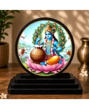 Premium Wooden  Lord Krishna Showpiece For Car Dashboard & Office Table | 4 X 4.5 Inch Sublimation Printed Decorative Stand | 4 Mm MDF | Home Decor | Made In India (F33647)