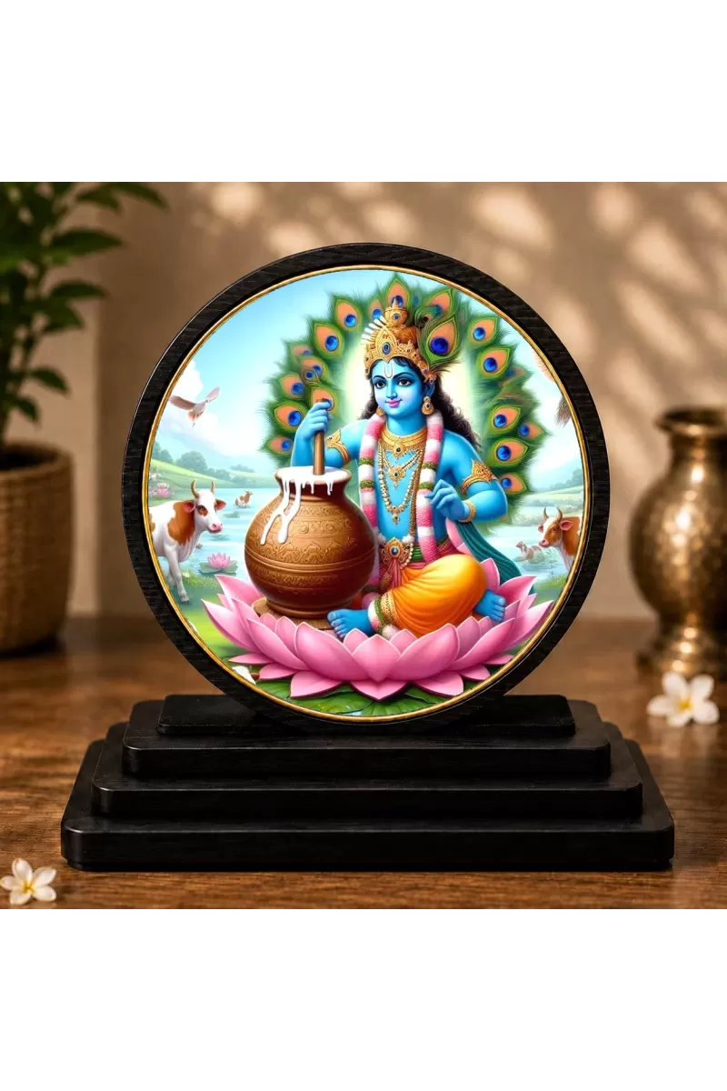 Premium Wooden  Lord Krishna Showpiece For Car Dashboard & Office Table | 4 X 4.5 Inch Sublimation Printed Decorative Stand | 4 Mm MDF | Home Decor | Made In India (F33647)