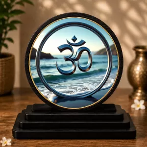 Premium Wooden  Om Symbol Showpiece For Car Dashboard & Office Table | 4 X 4.5 Inch Sublimation Printed Decorative Stand | 4 Mm MDF | Home Decor | Made In India (F33649)