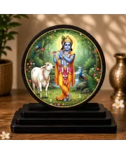 Premium Wooden Lord Krishna Showpiece For Car Dashboard & Office Table | 4 X 4.5 Inch Sublimation Printed Decorative Stand | 4 Mm MDF | Home Decor | Made In India (F33651)
