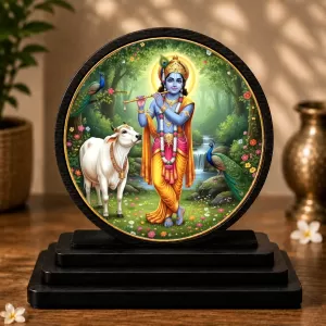 Premium Wooden Lord Krishna Showpiece For Car Dashboard & Office Table | 4 X 4.5 Inch Sublimation Printed Decorative Stand | 4 Mm MDF | Home Decor | Made In India (F33651)