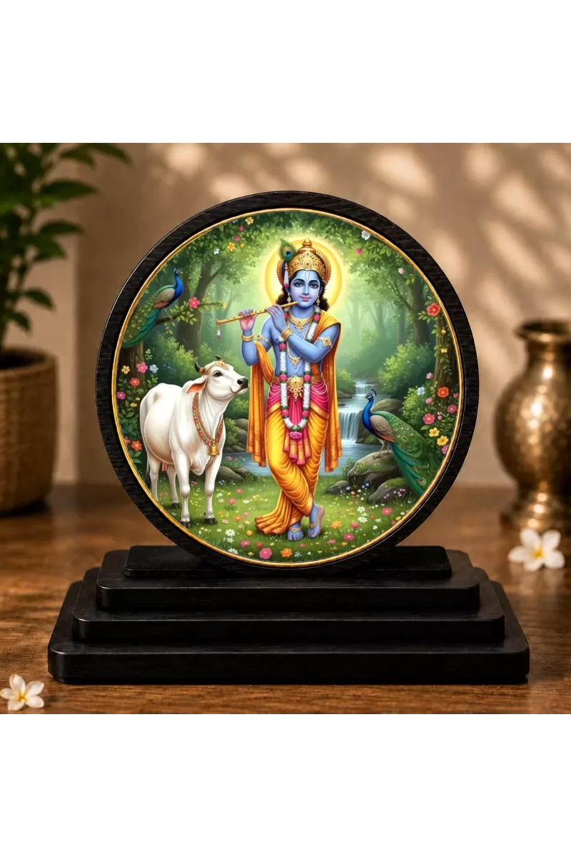 Premium Wooden Lord Krishna Showpiece For Car Dashboard & Office Table | 4 X 4.5 Inch Sublimation Printed Decorative Stand | 4 Mm MDF | Home Decor | Made In India (F33651)