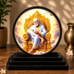 Premium Wooden  Shirdi Sai Baba Showpiece For Car Dashboard & Office Table | 4 X 4.5 Inch Sublimation Printed Decorative Stand | 4 Mm MDF | Home Decor | Made In India (F33652)