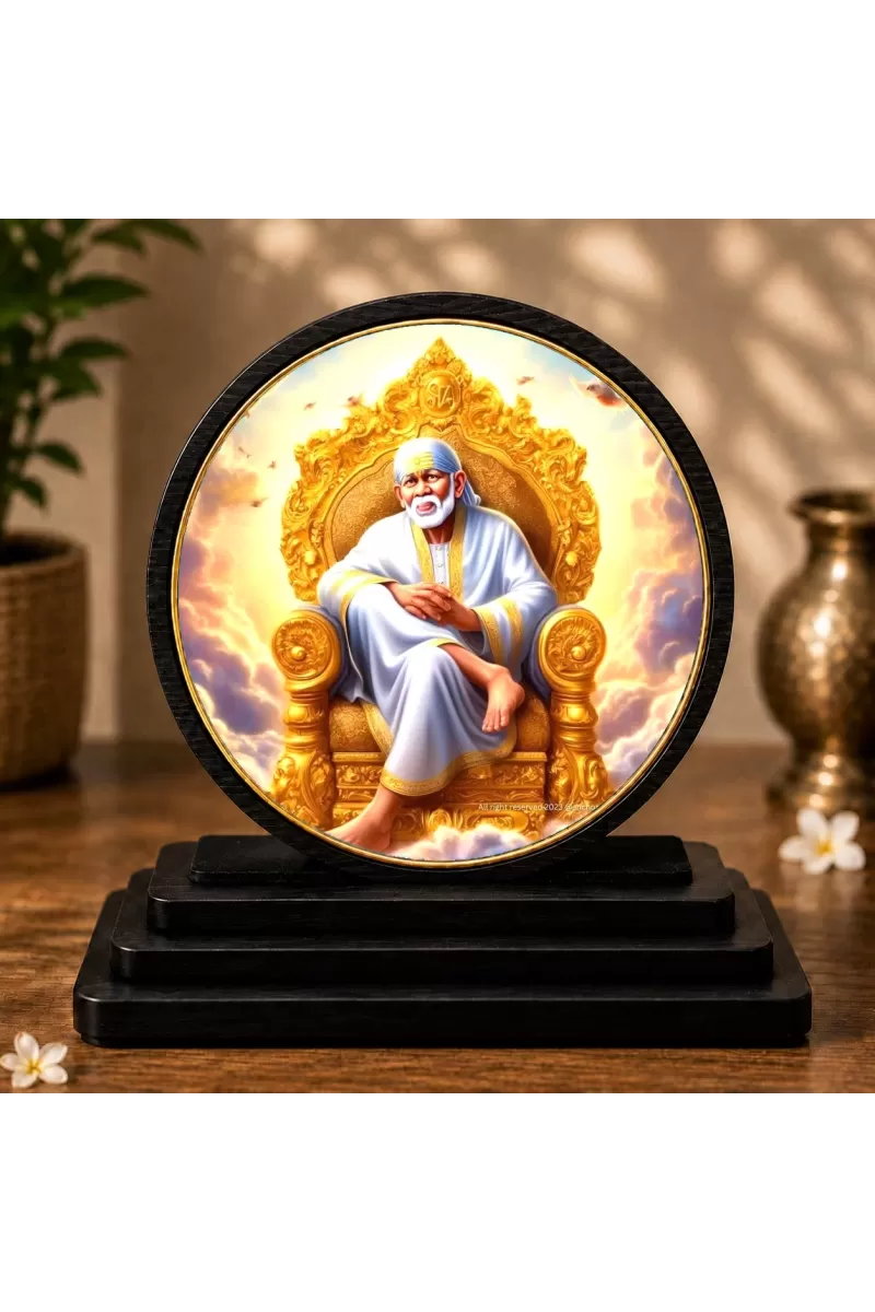 Premium Wooden  Shirdi Sai Baba Showpiece For Car Dashboard & Office Table | 4 X 4.5 Inch Sublimation Printed Decorative Stand | 4 Mm MDF | Home Decor | Made In India (F33652)