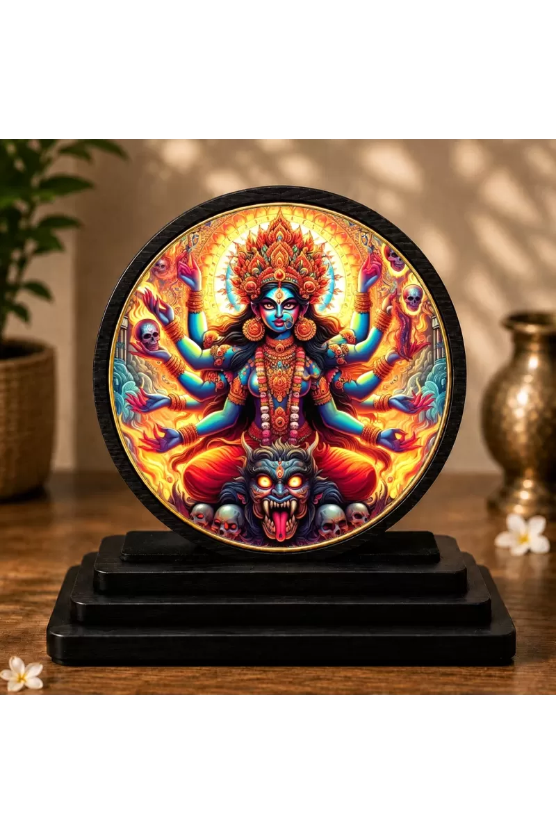 Premium Wooden Kali Mata Showpiece For Car Dashboard & Office Table | 4 X 4.5 Inch Sublimation Printed Decorative Stand | 4 Mm MDF | Home Decor | Made In India (F33654)