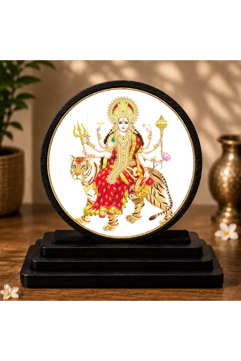 Premium Wooden Durga Mata Showpiece For Car Dashboard & Office Table | 4 X 4.5 Inch Sublimation Printed Decorative Stand | 4 Mm MDF | Home Decor | Made In India (F33655)