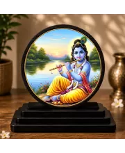 Premium Wooden Lord Krishna Showpiece For Car Dashboard & Office Table | 4 X 4.5 Inch Sublimation Printed Decorative Stand | 4 Mm MDF | Home Decor | Made In India (F33657)