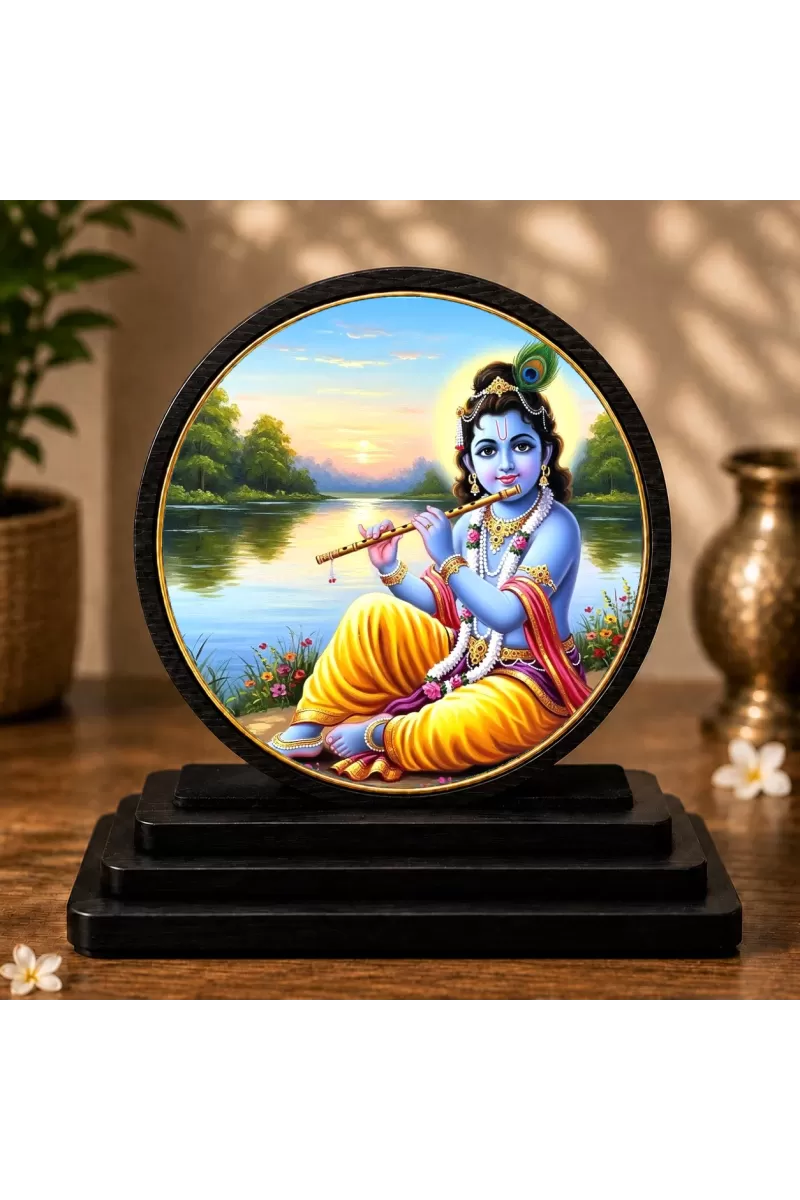 Premium Wooden Lord Krishna Showpiece For Car Dashboard & Office Table | 4 X 4.5 Inch Sublimation Printed Decorative Stand | 4 Mm MDF | Home Decor | Made In India (F33657)