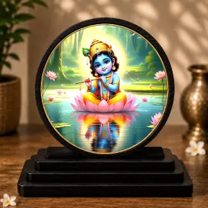 Premium Wooden Lord Krishna Showpiece For Car Dashboard & Office Table | 4 X 4.5 Inch Sublimation Printed Decorative Stand | 4 Mm MDF | Home Decor | Made In India (F33658)
