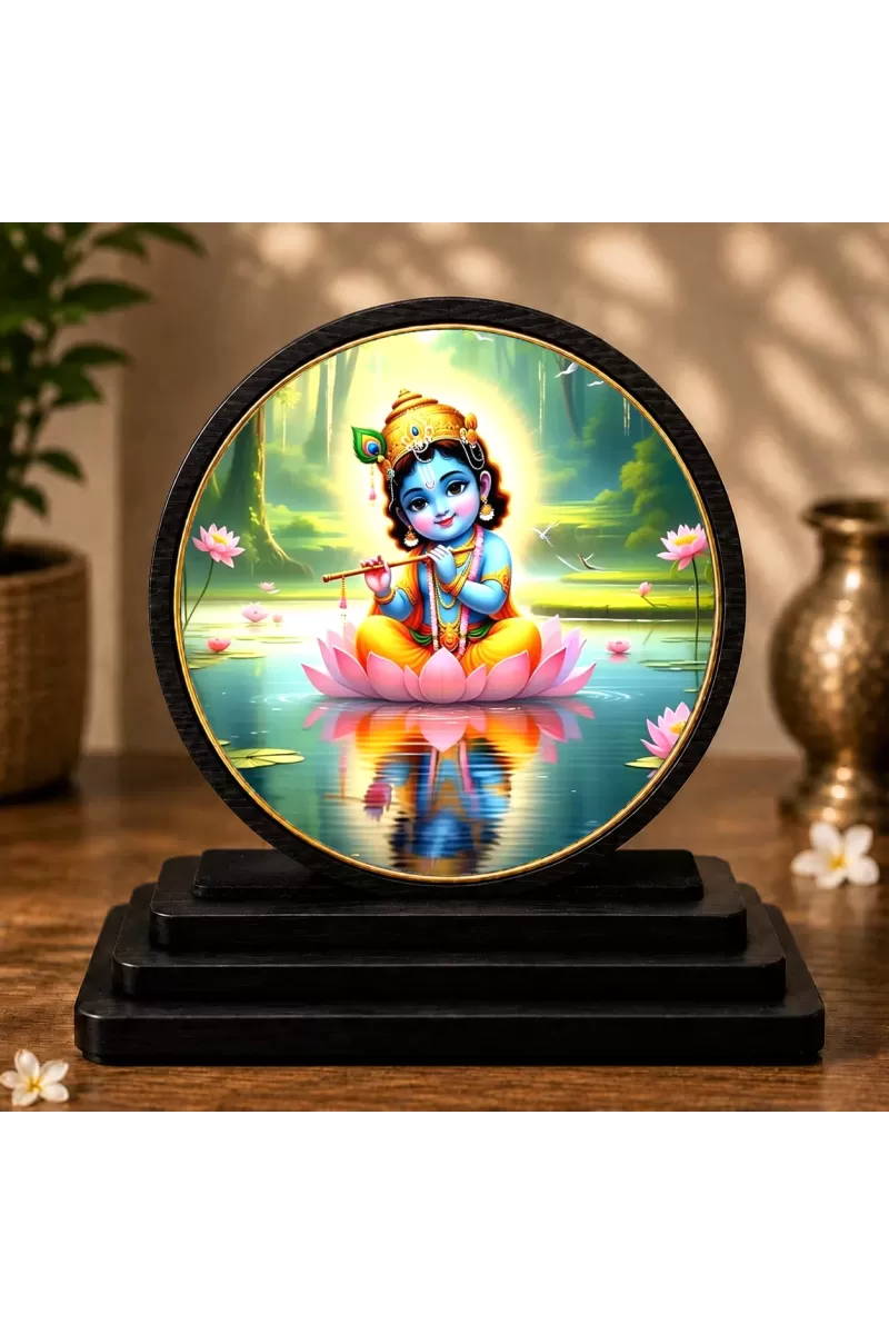 Premium Wooden Lord Krishna Showpiece For Car Dashboard & Office Table | 4 X 4.5 Inch Sublimation Printed Decorative Stand | 4 Mm MDF | Home Decor | Made In India (F33658)